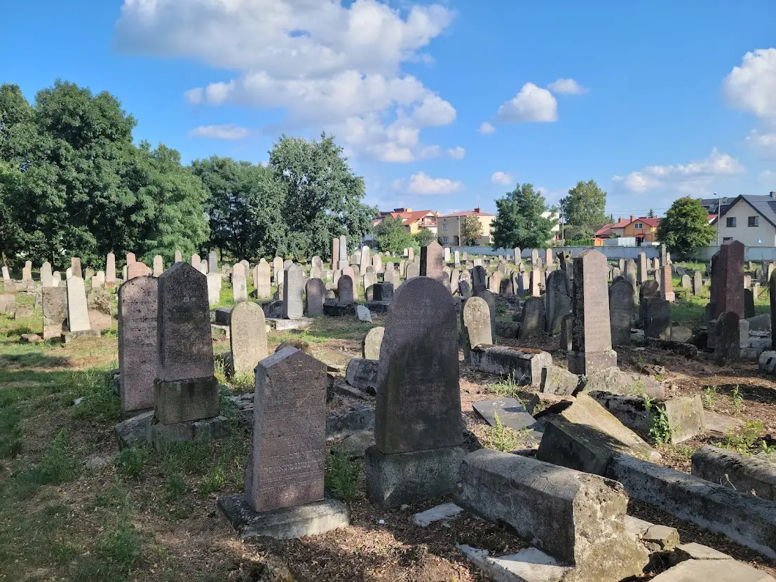 A cemetery with many tombstones and trees