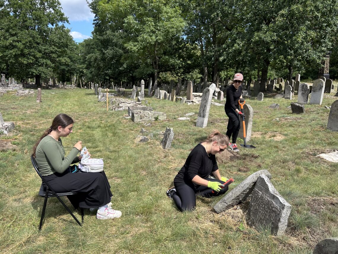 Volunteers cleaning old gravestones in cemetery